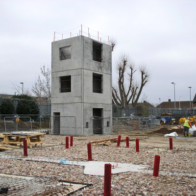 Precast concrete panels used for fire drill towers in London