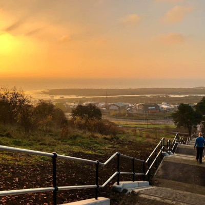 sun set over Leigh on sea coastline with new stairs installed