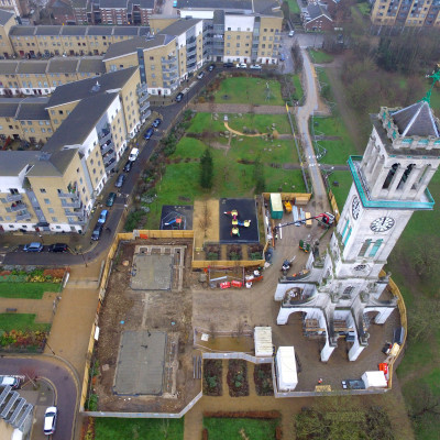 Aerial view of Caledonian clock tower in London with beam and block floor