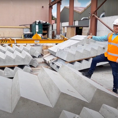 Mark Ellis poses with specialist precast concrete terrace stair in production yard